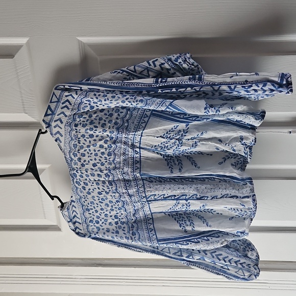 Free People White and Blue Bell Sleeve Blouse with Tie Front - Picture 5 of 8